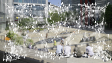 Social Network Overlay in an Urban City Square – Digital Connectivity Concept.